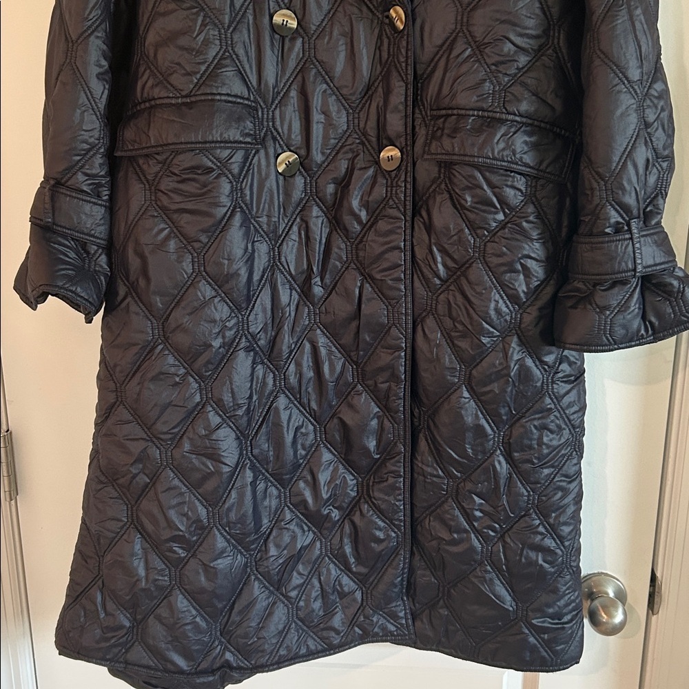 GANNI Women's Elegant Navy Shiny Quilted Coat - Picture 6 of 15